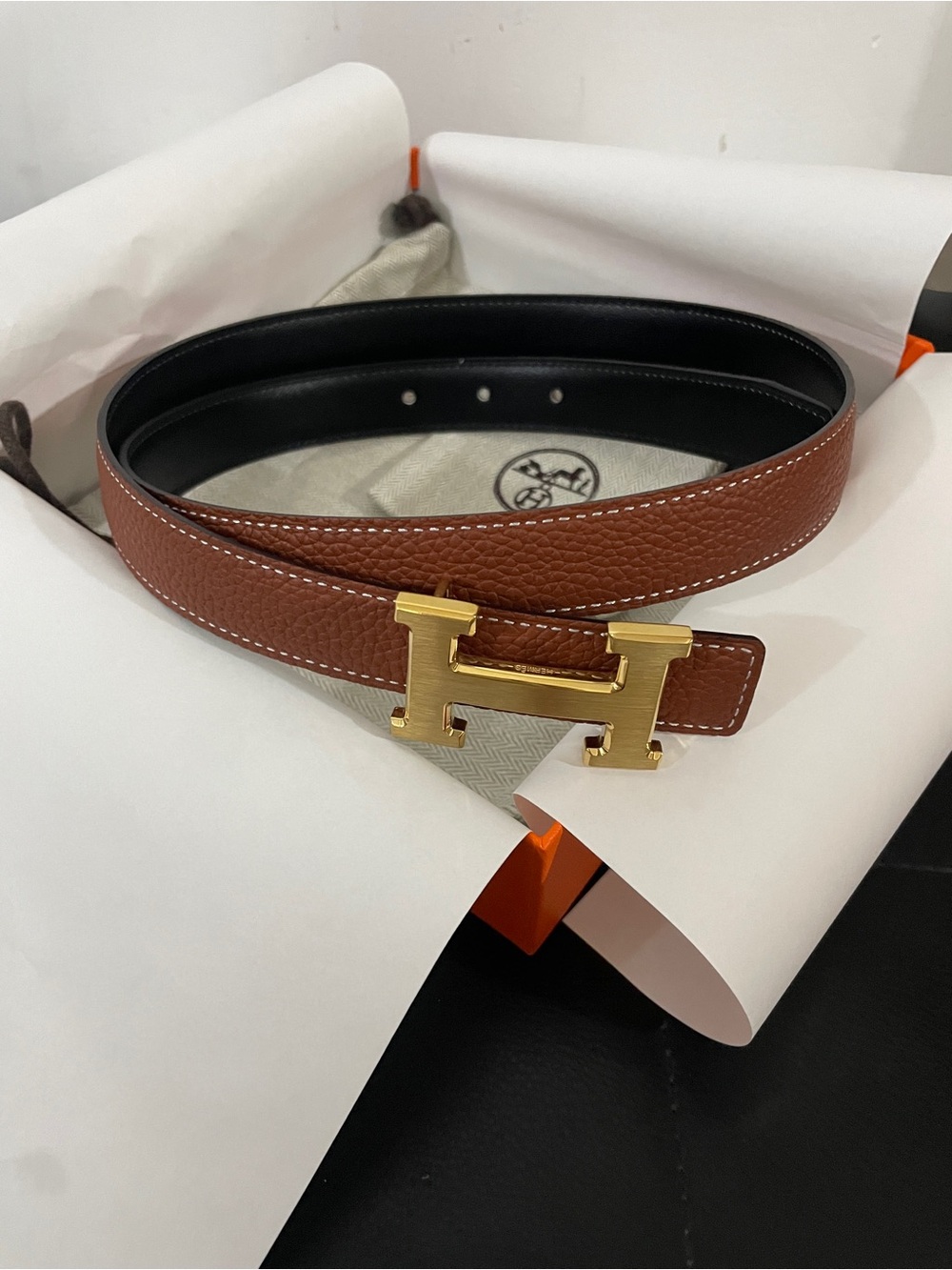 Hermès Reversible H Belt 85cm Brown/Black Leather Gold Buckle
